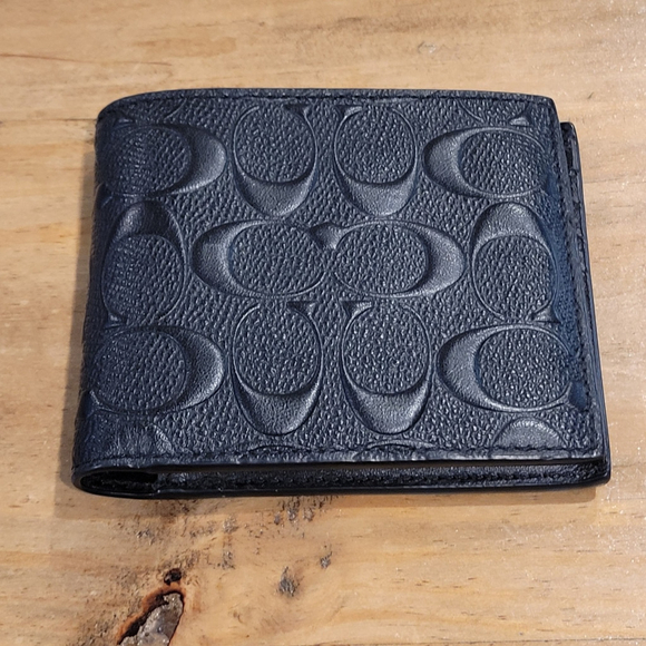 Coach F75371 Men's 3-in-1 Compact ID Wallet Black Embossed Signature Leather EUC